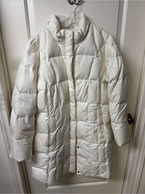 Eddie Bauer Cream Hooded Long Puffer Coat with Faux-Fur Trim